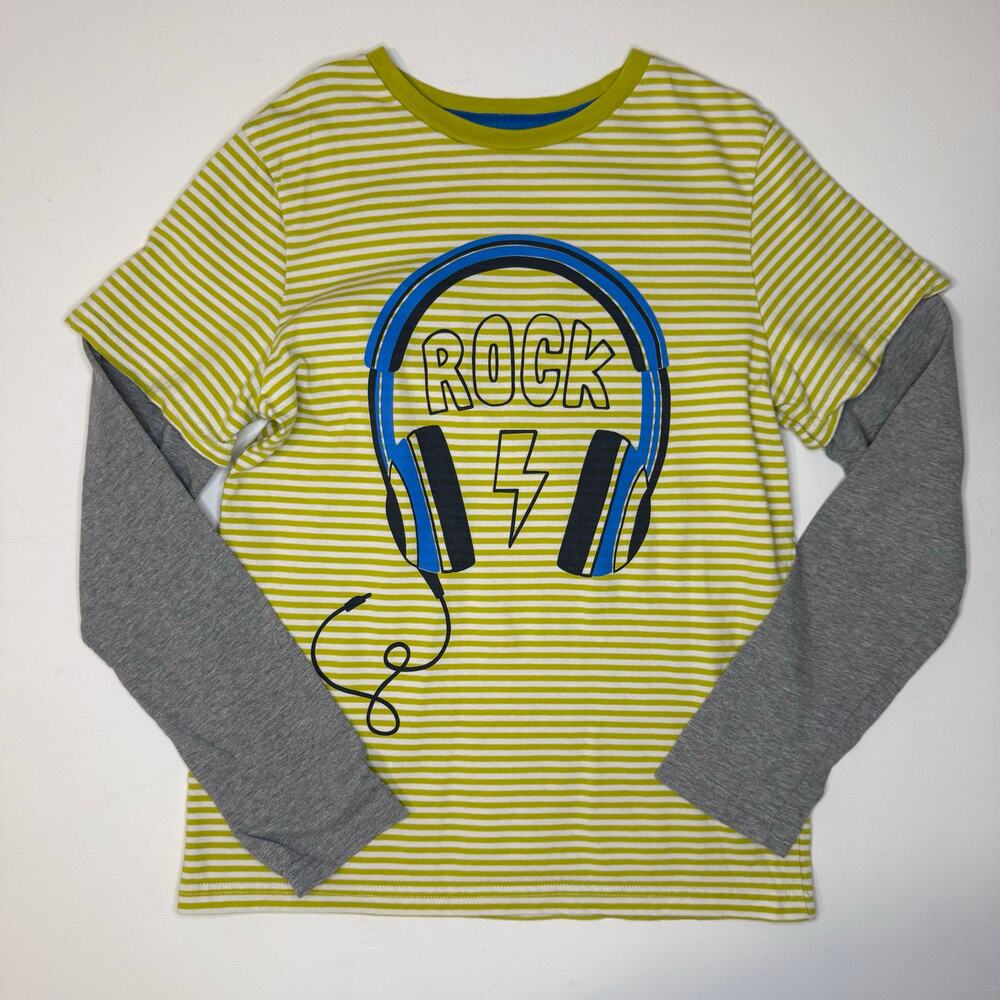Mini Boden Rock Headphones Graphic Yellow Stripe T-shirt Kids 11-12Y